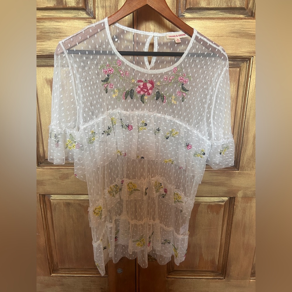 Grand & Greene Floral Embroidered Sheer Blouse